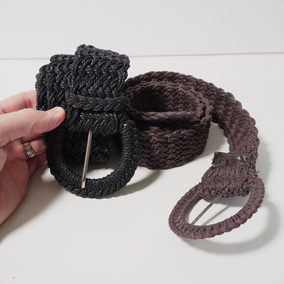 Lot of 2 Boho‎ Y2K Braided Woven Belts Womens Brown Black Circle Buckle Western - Picture 2 of 7